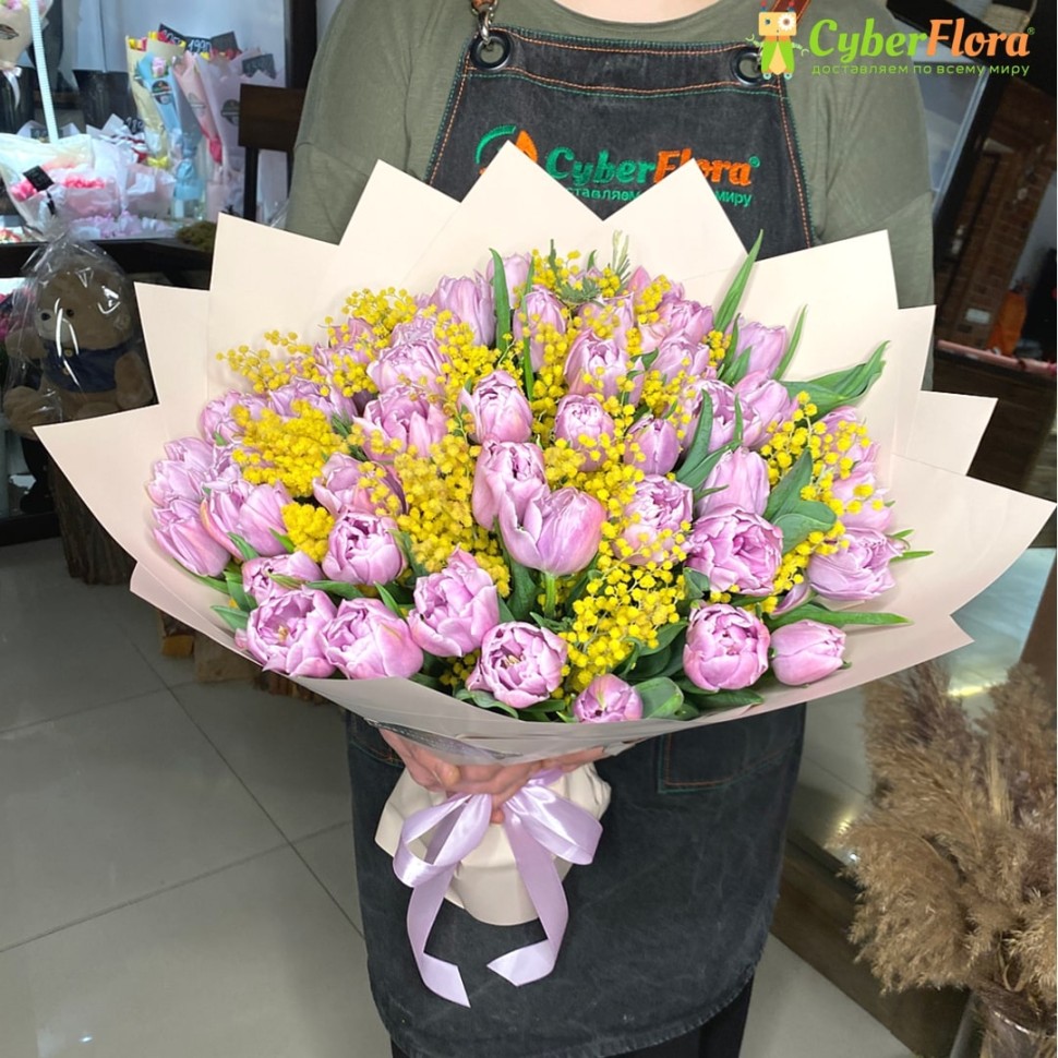 Букет "51 сиреневый пионовидный тюльпан с мимозой": заказать с ...